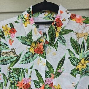 Linen Charter Club Luxury Floral Animal Tiger Print Button Down Shirt Size 2P